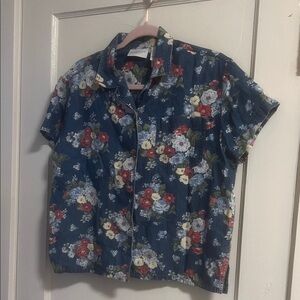 Floral Navy Short-Sleeve Chambray Button-Front Shirt